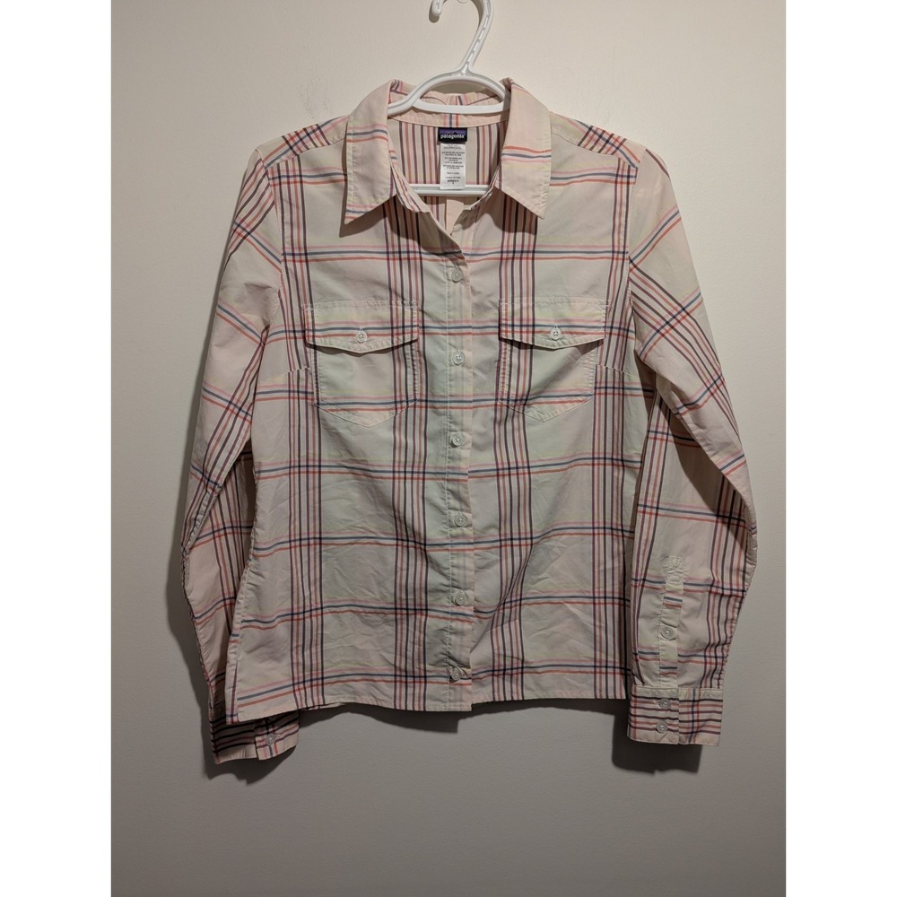 Patagonia Women's Overcast Shirt Size 8 Beige Pink Plaid Cuff Hiking Outdoors
